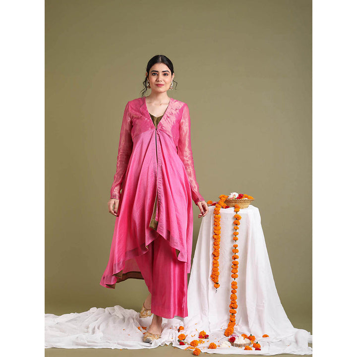 Vinusto Pink Chanderi Handloom Jacket with Palazzo and Crop Top (Set of 3)