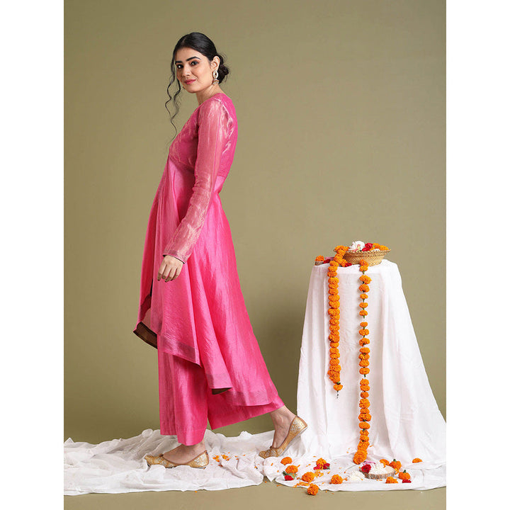 Vinusto Pink Chanderi Handloom Jacket with Palazzo and Crop Top (Set of 3)