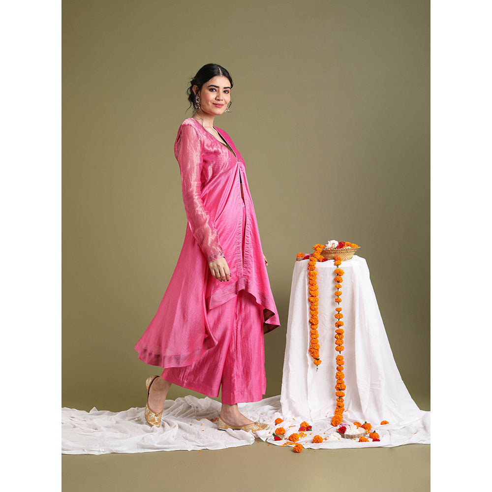 Vinusto Pink Chanderi Handloom Jacket with Palazzo and Crop Top (Set of 3)