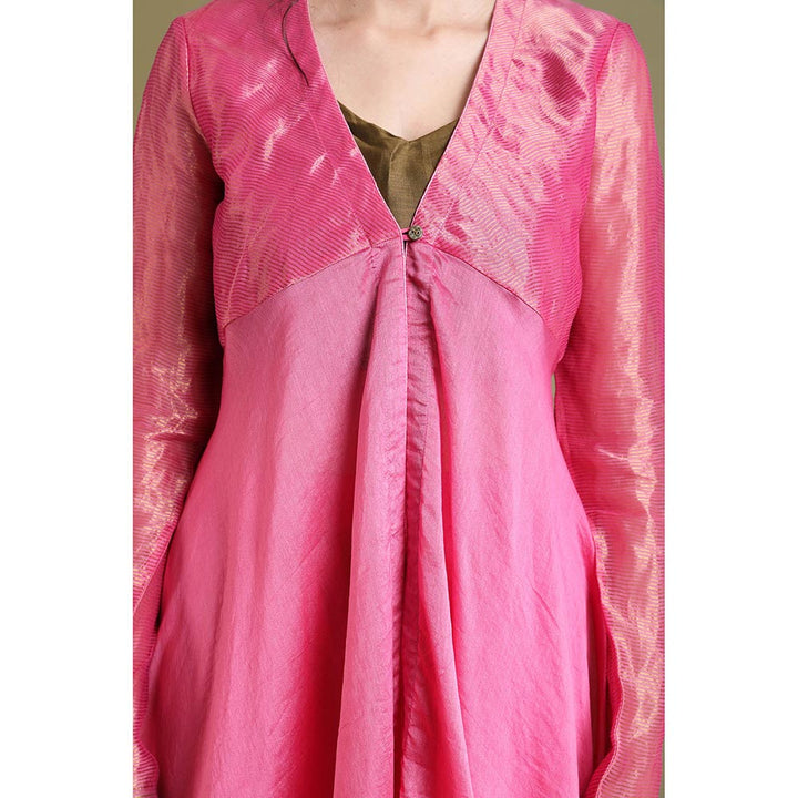 Vinusto Pink Chanderi Handloom Jacket with Palazzo and Crop Top (Set of 3)