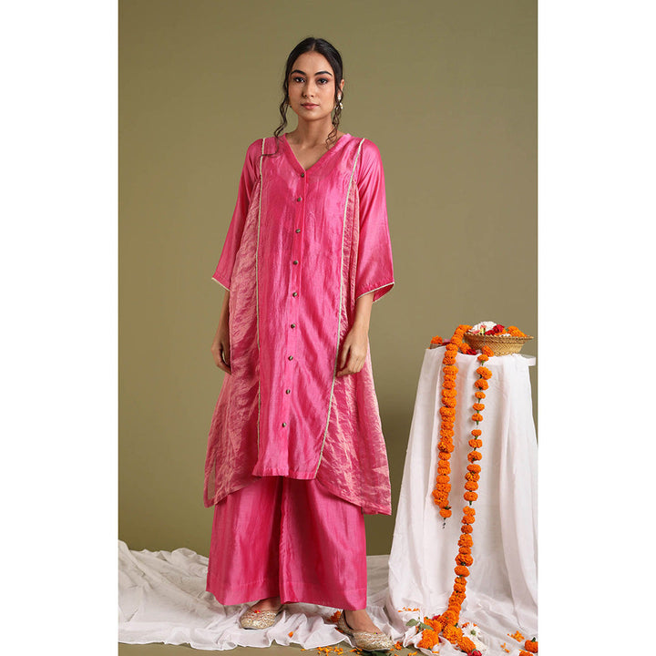 Vinusto Pink Kalidar Chanderi Handloom Kurta with Palazzo and slip (Set of 3)