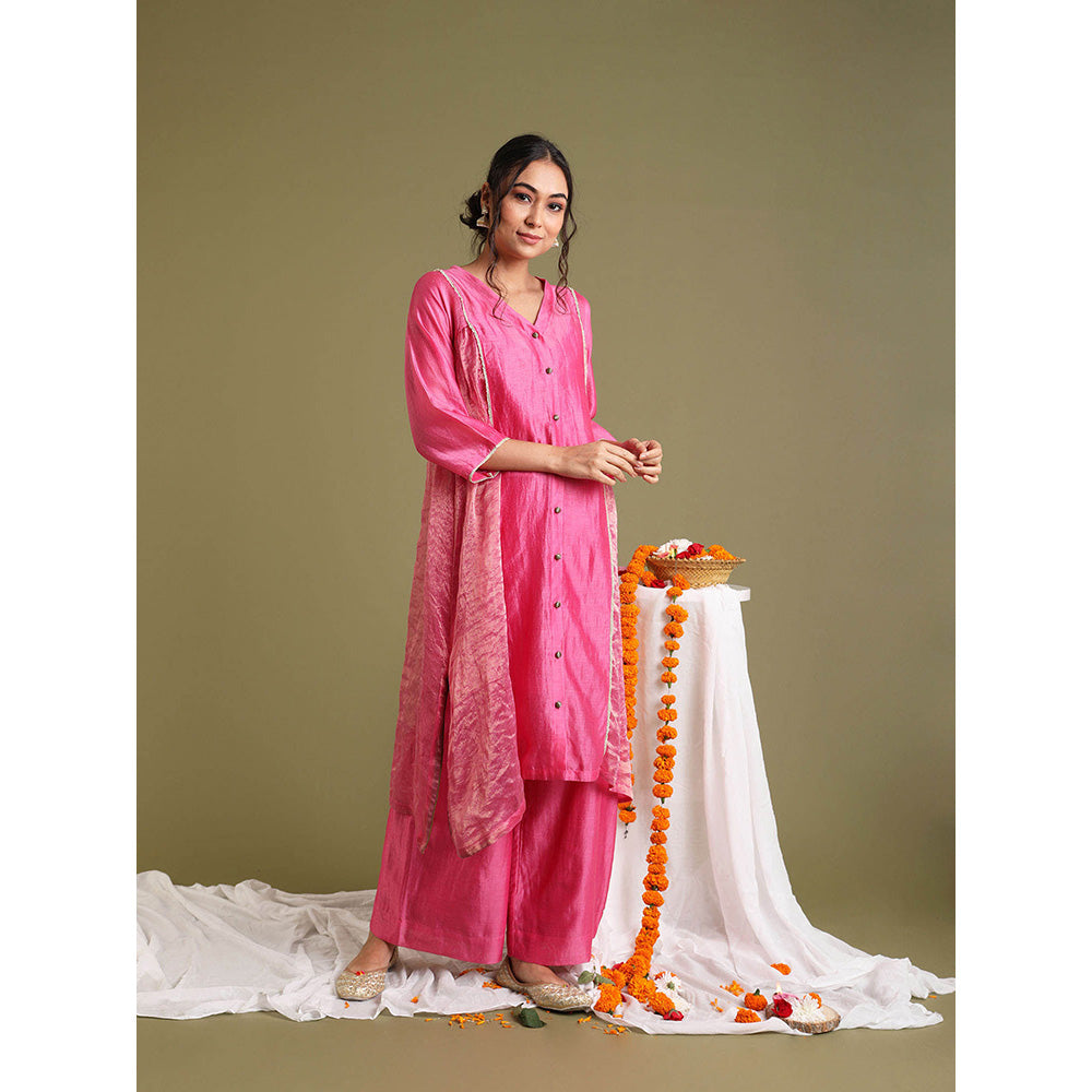 Vinusto Pink Kalidar Chanderi Handloom Kurta with Palazzo and slip (Set of 3)