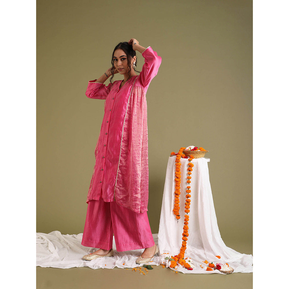 Vinusto Pink Kalidar Chanderi Handloom Kurta with Palazzo and slip (Set of 3)