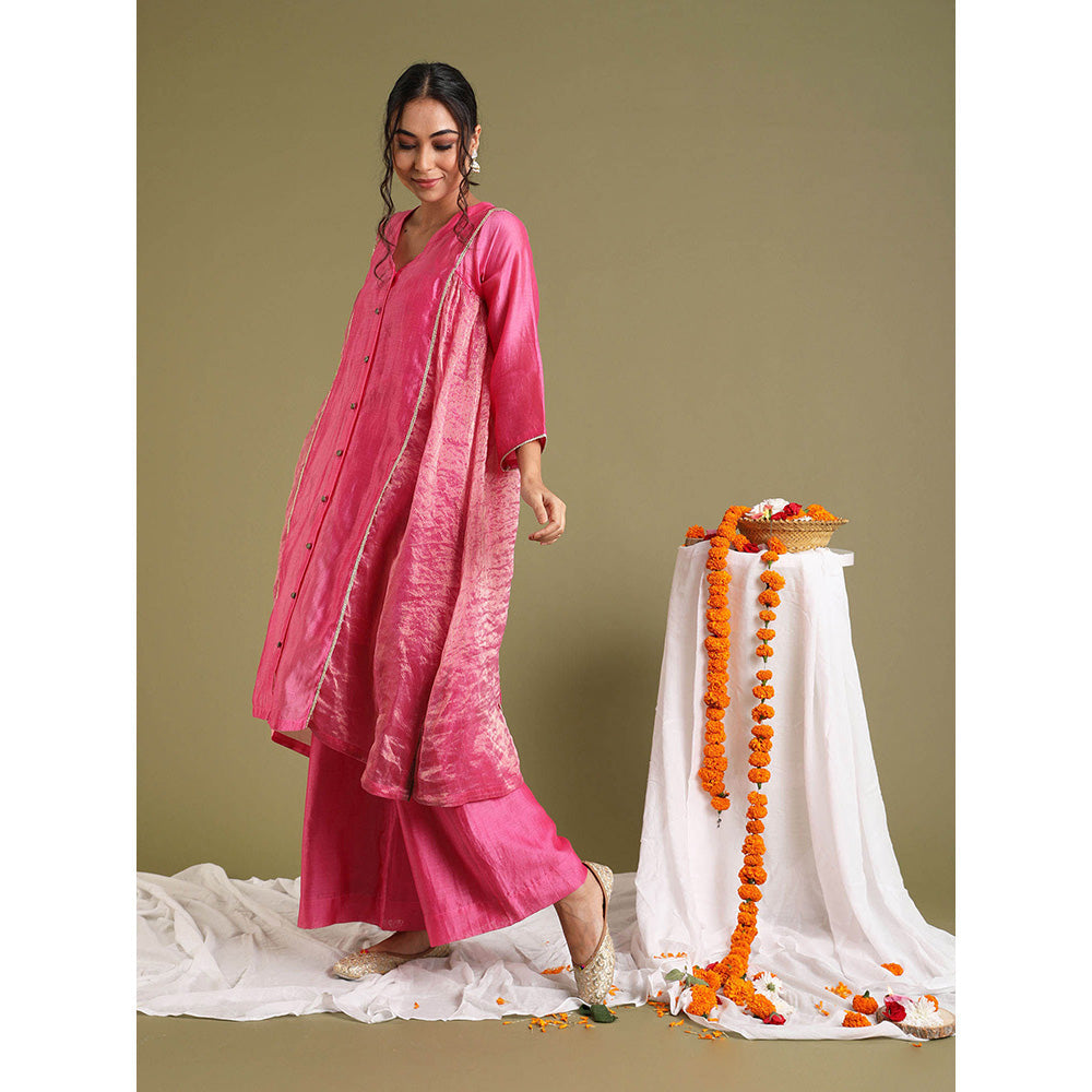 Vinusto Pink Kalidar Chanderi Handloom Kurta with Palazzo and slip (Set of 3)