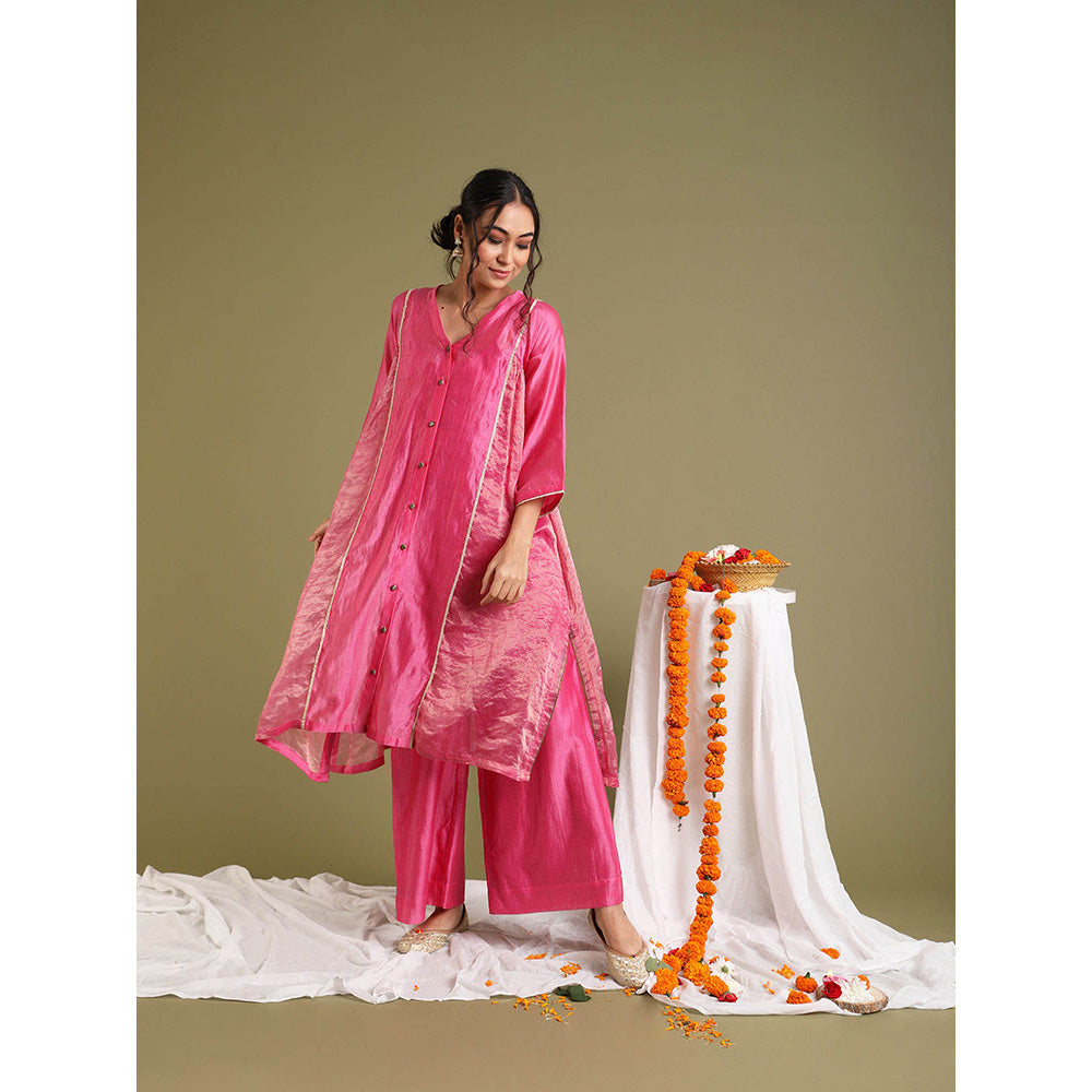 Vinusto Pink Kalidar Chanderi Handloom Kurta with Palazzo and slip (Set of 3)