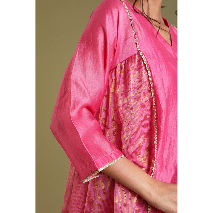 Vinusto Pink Kalidar Chanderi Handloom Kurta with Palazzo and slip (Set of 3)