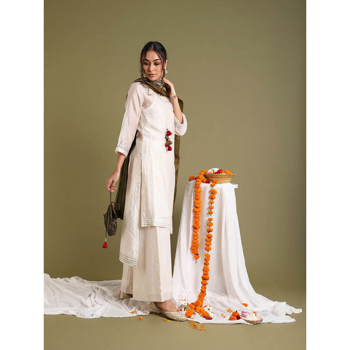 Vinusto Off White Handloom Kurta with Palazzo and Dupatta and Slip (Set of 4)