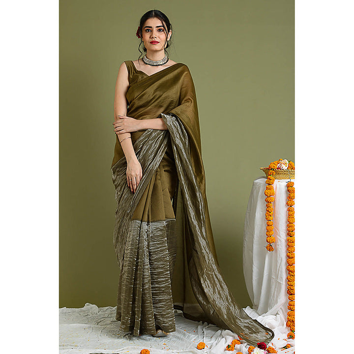 Vinusto Brown Chanderi Handloom Colour Blocked Saree with Stitched Blouse