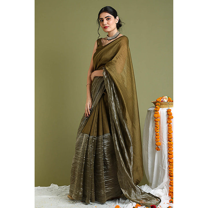 Vinusto Brown Chanderi Handloom Colour Blocked Saree with Stitched Blouse