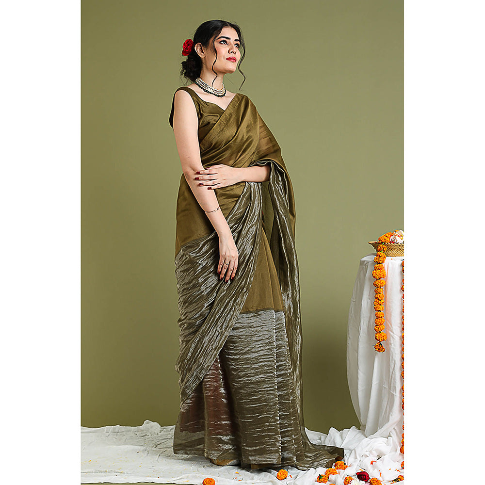 Vinusto Brown Chanderi Handloom Colour Blocked Saree with Stitched Blouse