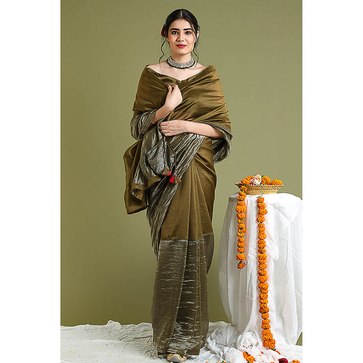 Vinusto Brown Chanderi Handloom Colour Blocked Saree with Stitched Blouse