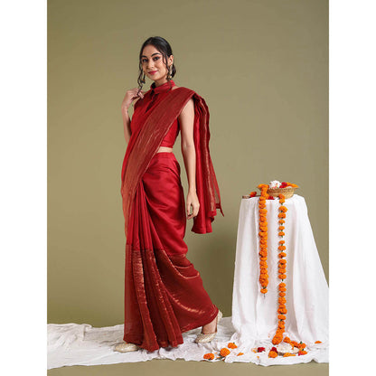 Vinusto Red Chanderi Handloom Saree with Stitched Blouse