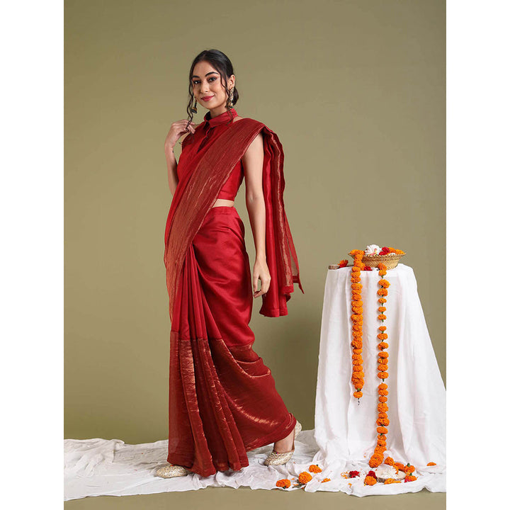 Vinusto Red Chanderi Handloom Saree with Stitched Blouse