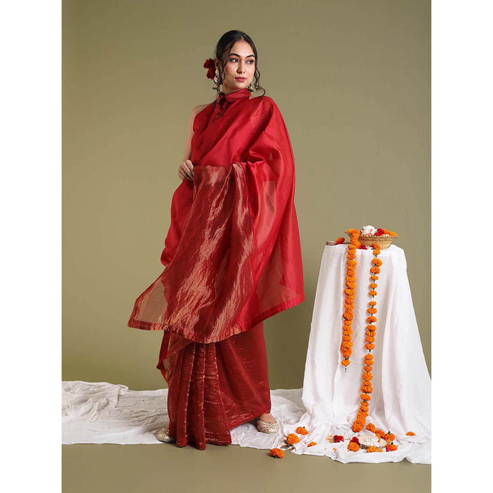 Vinusto Red Chanderi Handloom Saree with Stitched Blouse