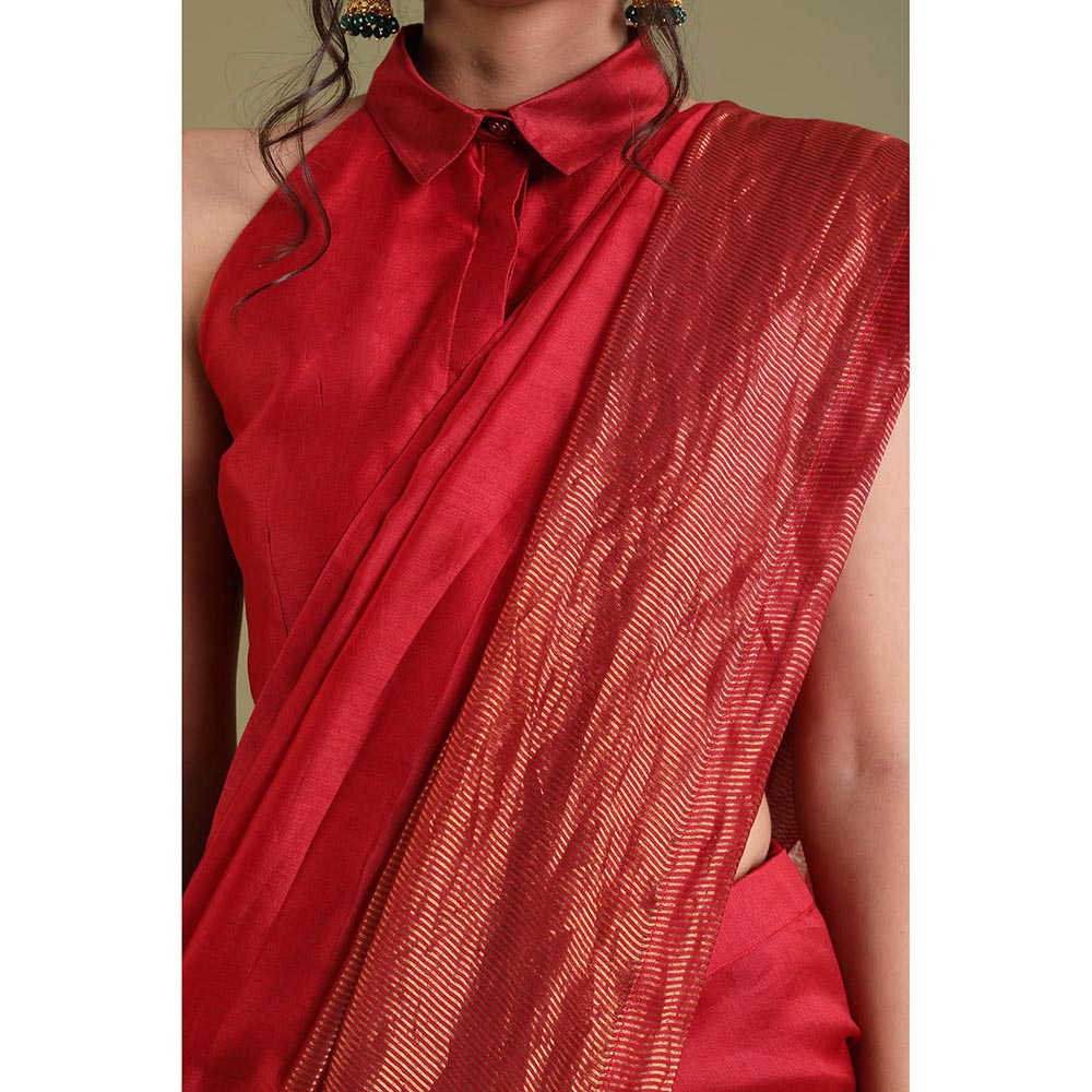 Vinusto Red Chanderi Handloom Saree with Stitched Blouse