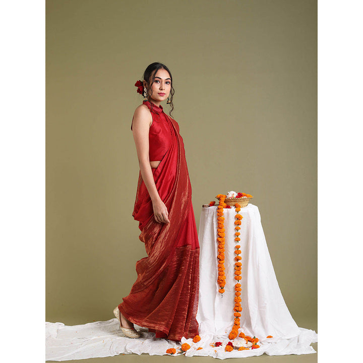 Vinusto Red Chanderi Handloom Saree with Stitched Blouse