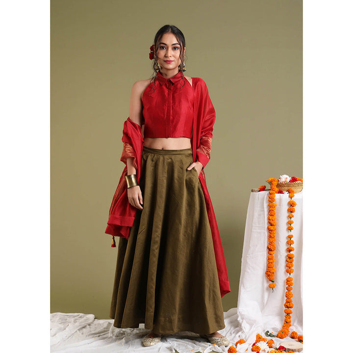 Vinusto Red Top with Flared Skirt with Dupatta (Set of 3)