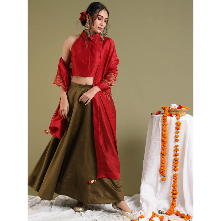 Vinusto Red Top with Flared Skirt with Dupatta (Set of 3)