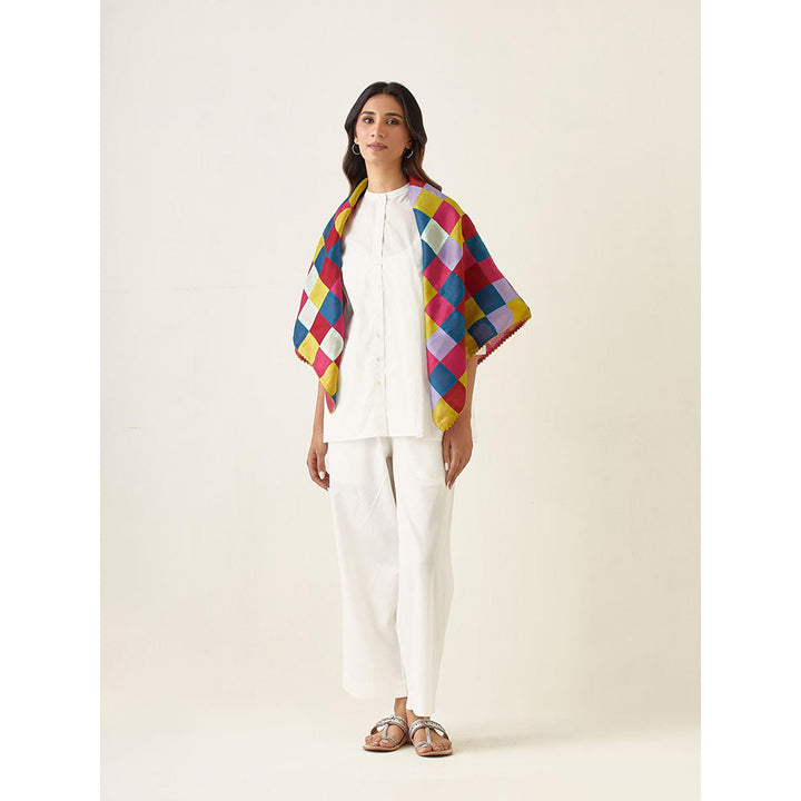 Vinusto White Cotton A-Line Shirt with Pant and Multicolored Chanderi Scarf (Set of 3)