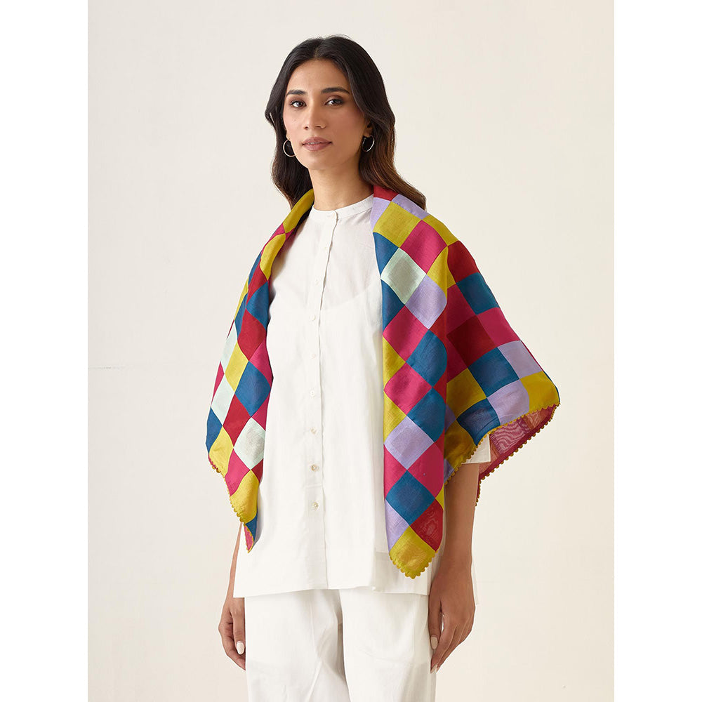 Vinusto White Cotton A-Line Shirt with Pant and Multicolored Chanderi Scarf (Set of 3)