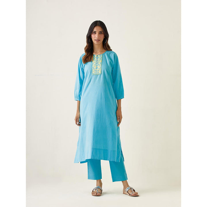 Vinusto Pastel Blue Embroidered A-Line Kurta with Pant (Set of 2)