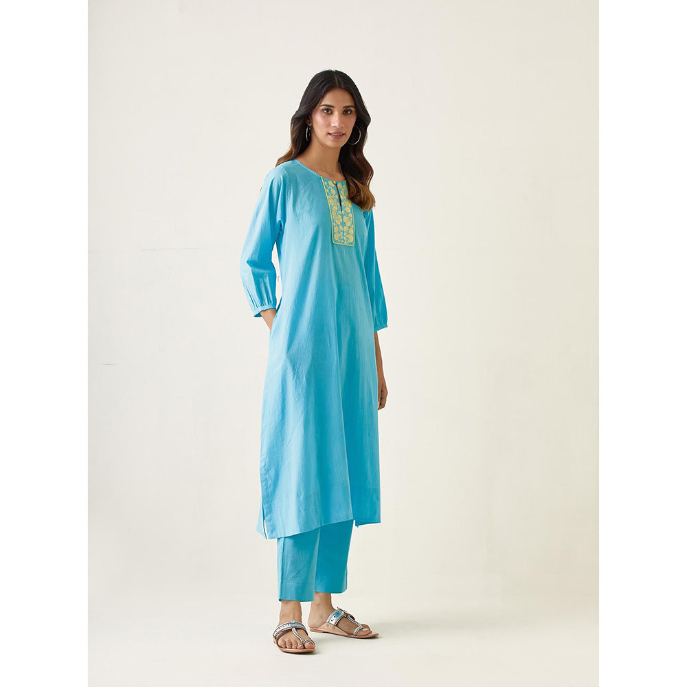 Vinusto Pastel Blue Embroidered A-Line Kurta with Pant (Set of 2)