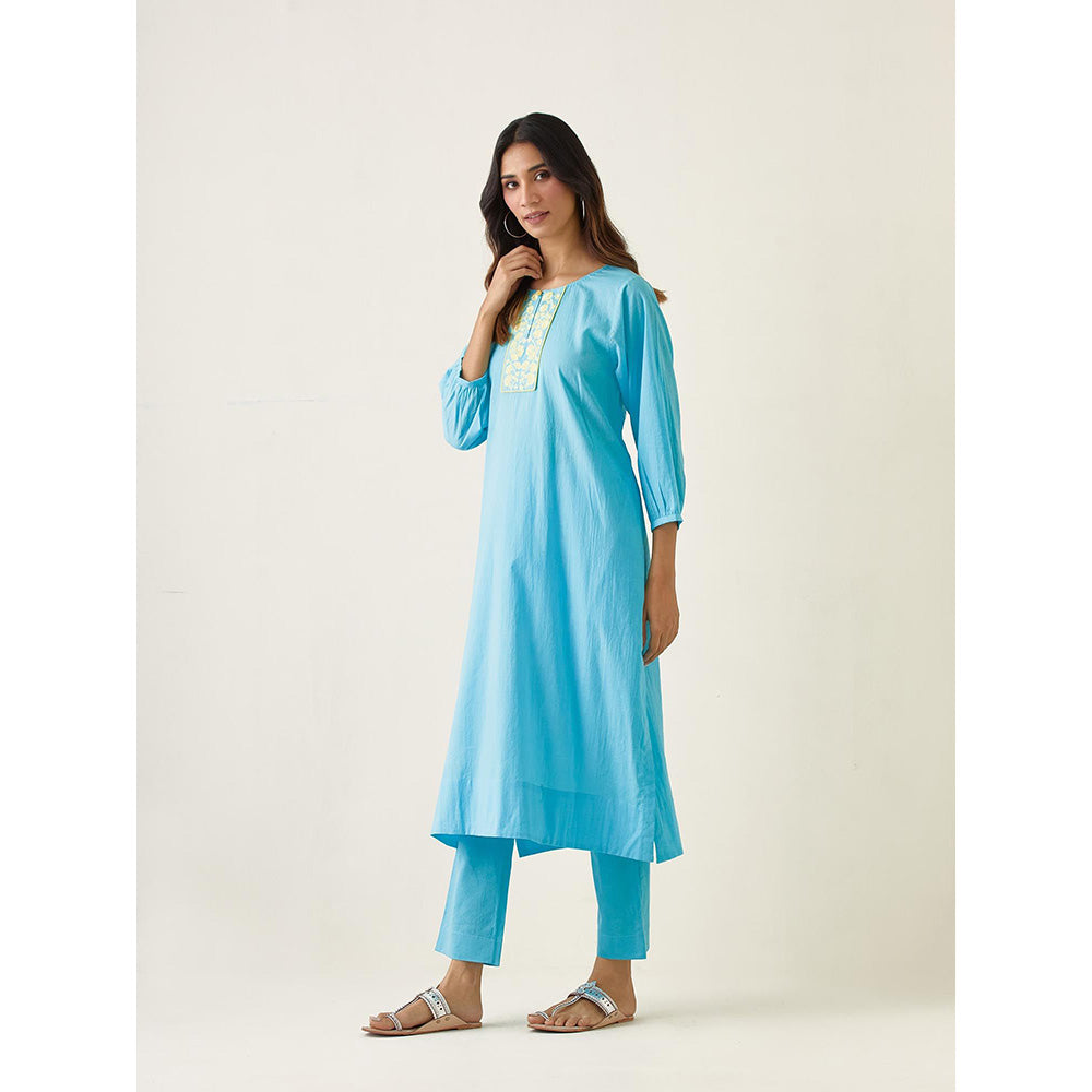 Vinusto Pastel Blue Embroidered A-Line Kurta with Pant (Set of 2)