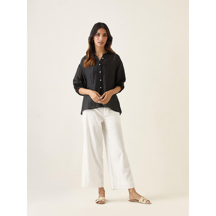 Vinusto Black Linen Silk Shirt with White High Slit Pant (Set of 2)