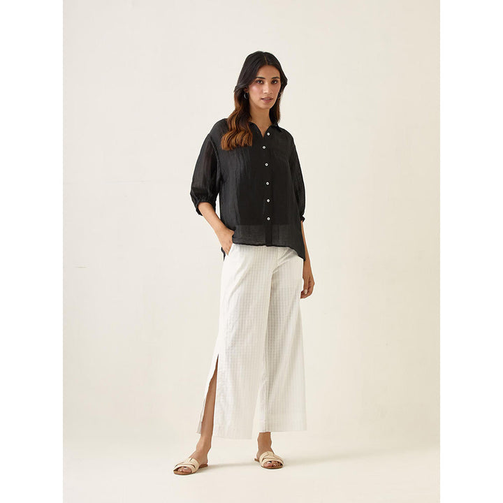 Vinusto Black Linen Silk Shirt with White High Slit Pant (Set of 2)