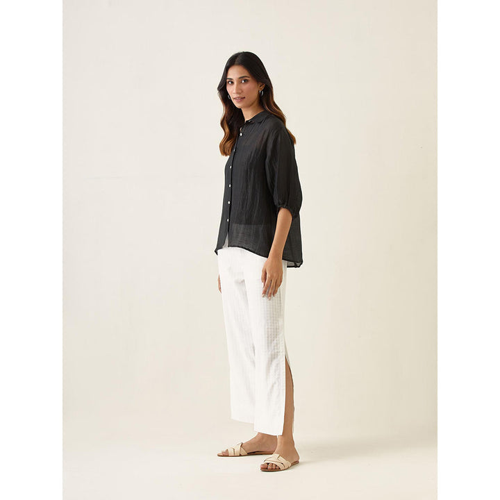 Vinusto Black Linen Silk Shirt with White High Slit Pant (Set of 2)