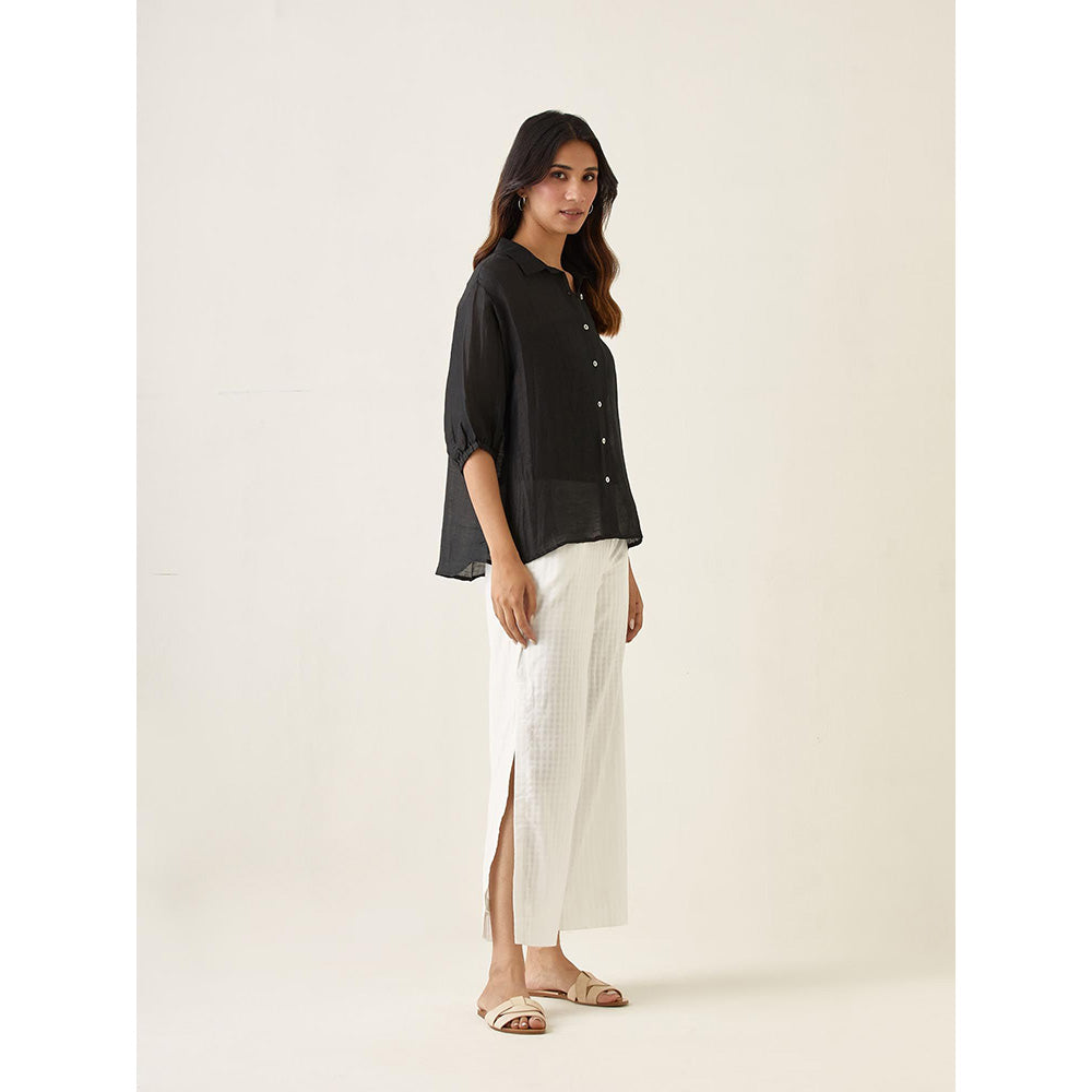 Vinusto Black Linen Silk Shirt with White High Slit Pant (Set of 2)