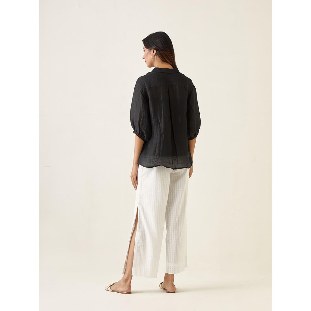 Vinusto Black Linen Silk Shirt with White High Slit Pant (Set of 2)