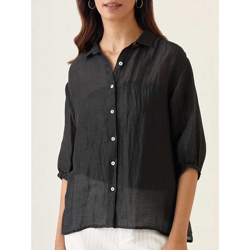 Vinusto Black Linen Silk Handloom Shirt