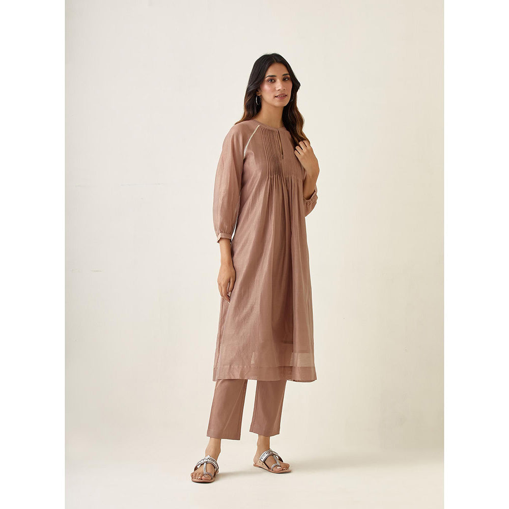 Vinusto Taupe Chanderi Raglan Sleeve Kurta with Pant and Slip (Set of 3)