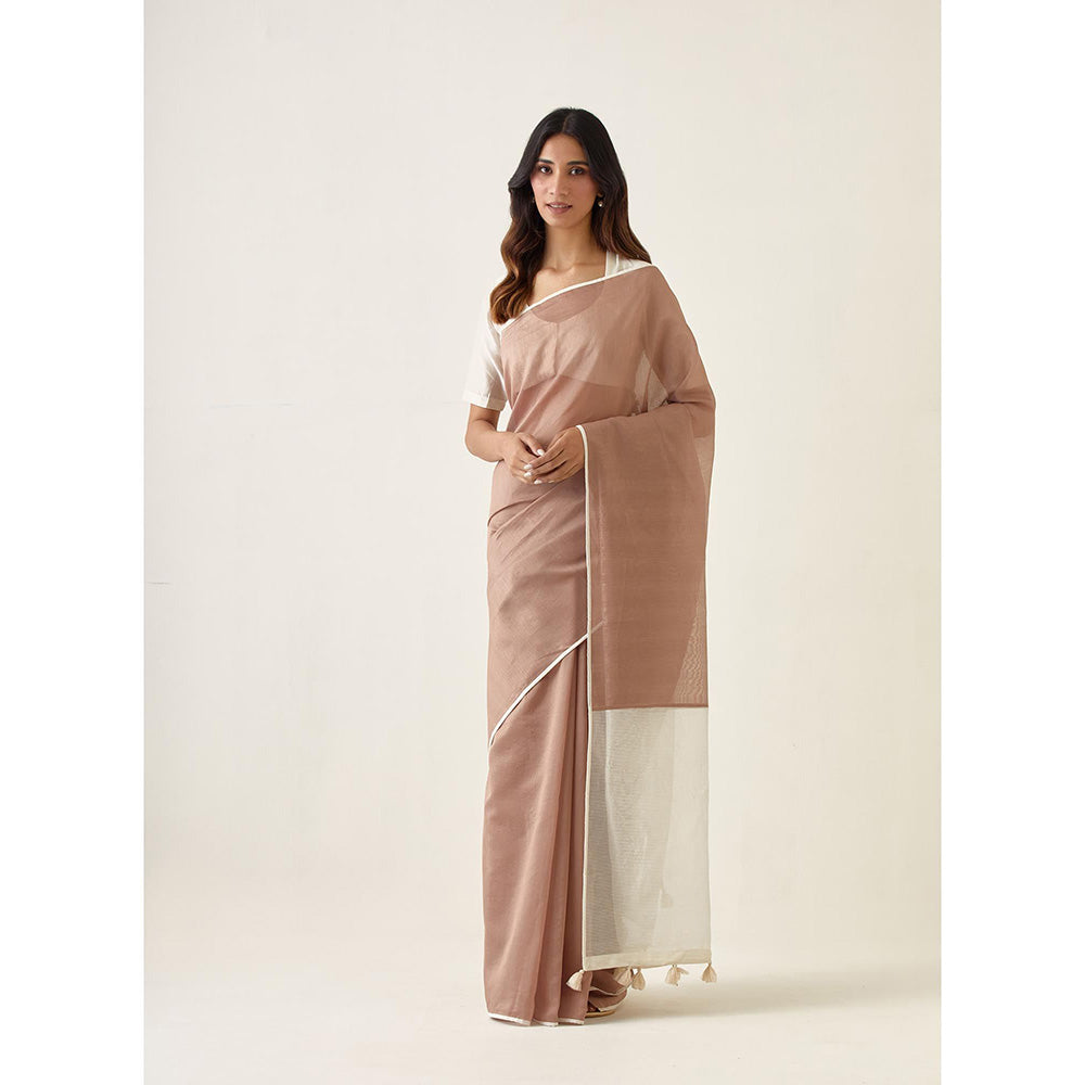 Vinusto Handcrafted Taupe Saree with Striped Pallu and Stitched Blouse