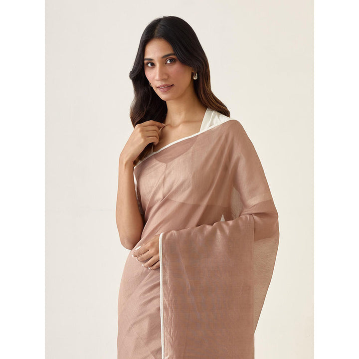 Vinusto Handcrafted Taupe Saree with Striped Pallu and Stitched Blouse