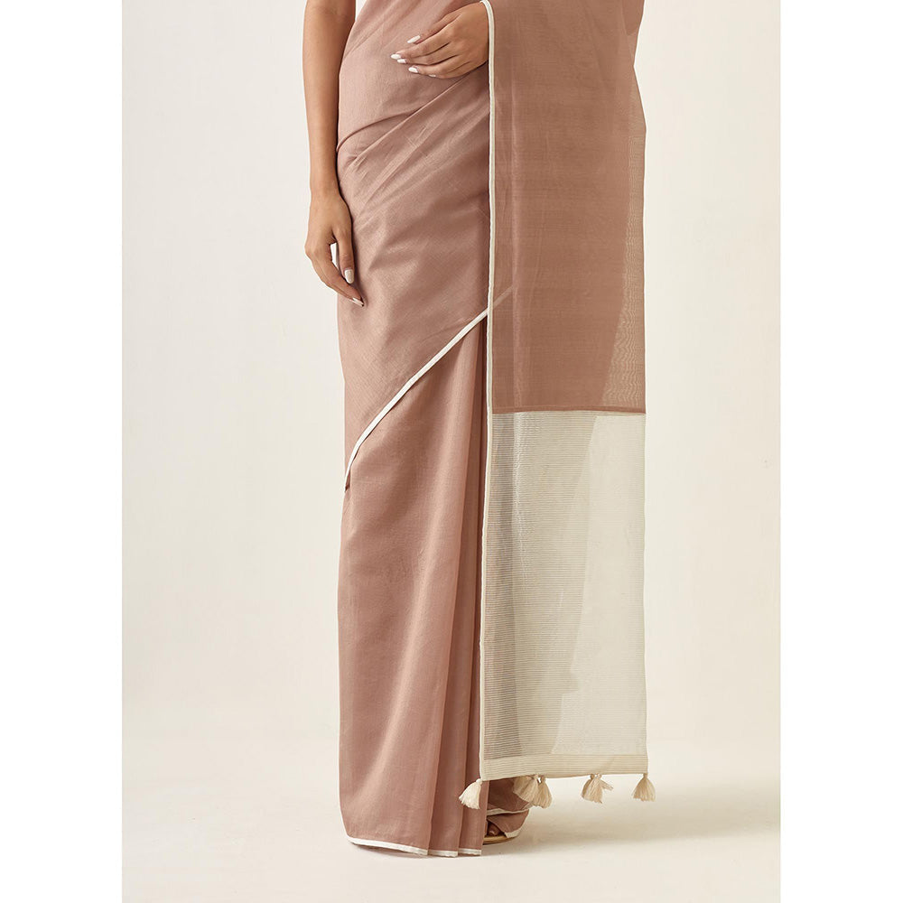 Vinusto Handcrafted Taupe Saree with Striped Pallu and Stitched Blouse