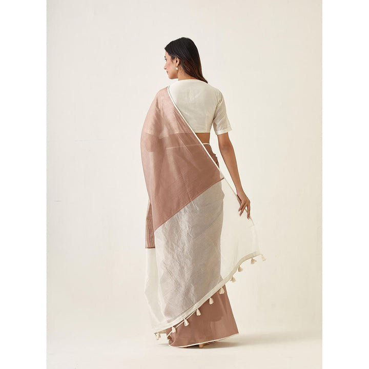 Vinusto Handcrafted Taupe Saree with Striped Pallu and Stitched Blouse