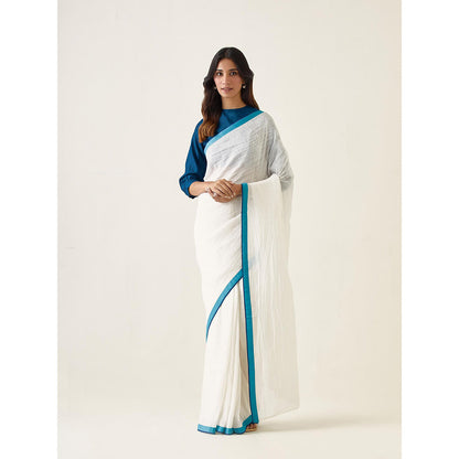 Vinusto White Linen Silk Saree and Teal Chanderi Stitched Blouse