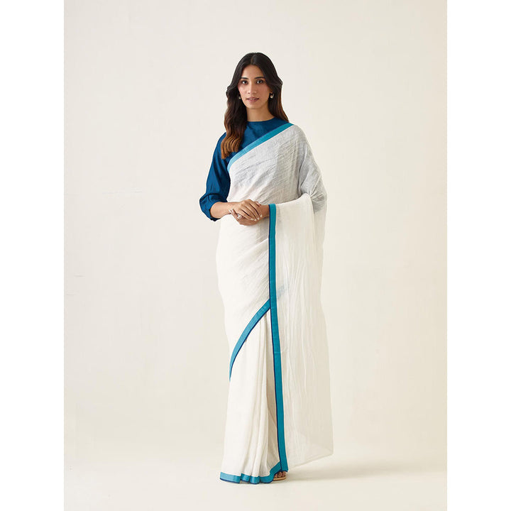 Vinusto White Linen Silk Saree and Teal Chanderi Stitched Blouse