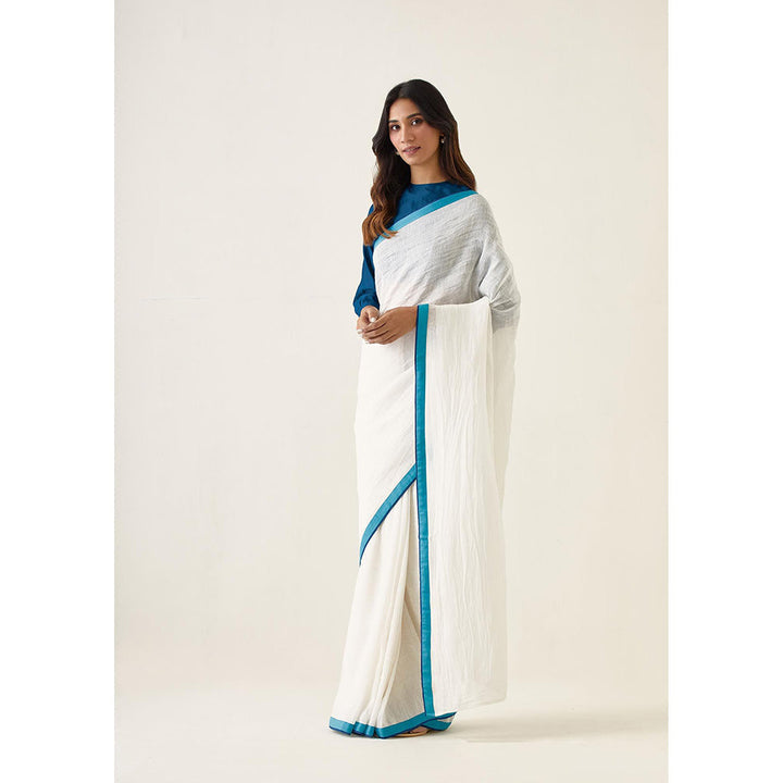 Vinusto White Linen Silk Saree and Teal Chanderi Stitched Blouse