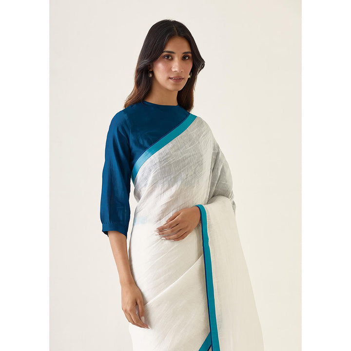 Vinusto White Linen Silk Saree and Teal Chanderi Stitched Blouse