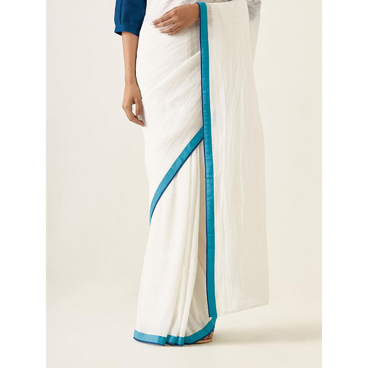 Vinusto White Linen Silk Saree and Teal Chanderi Stitched Blouse