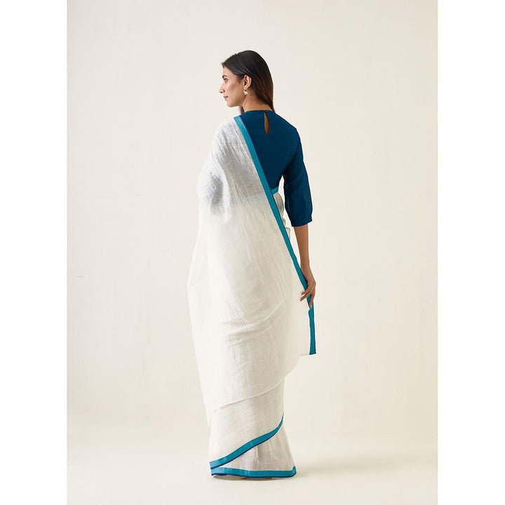 Vinusto White Linen Silk Saree and Teal Chanderi Stitched Blouse