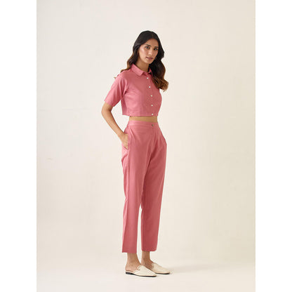 Vinusto Rose Pink Solid Pleated Cotton Glaze Co-Ord (Set of 2)