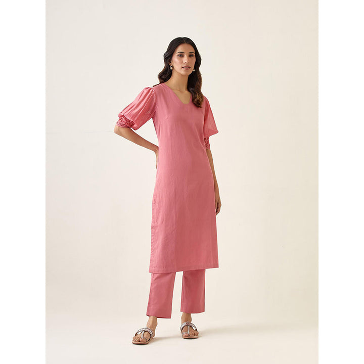 Vinusto Rose Pink Solid Chanderi Kurta with Pant (Set of 2)