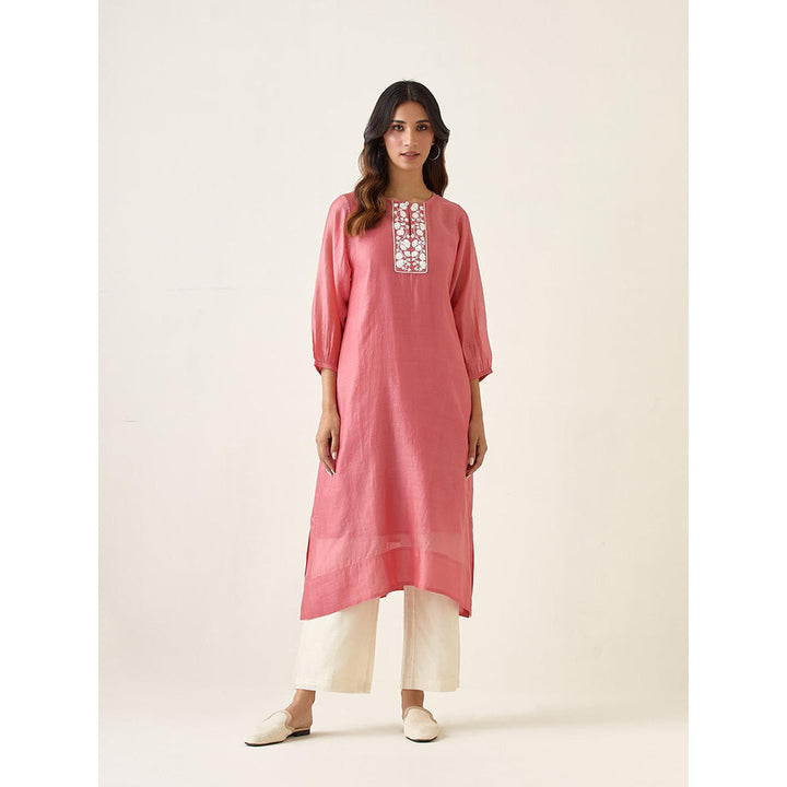 Vinusto Rose Pink Chanderi Kurta with Pant and Slip (Set of 3)