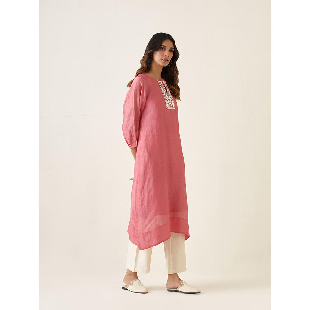 Vinusto Rose Pink Chanderi Kurta with Pant and Slip (Set of 3)