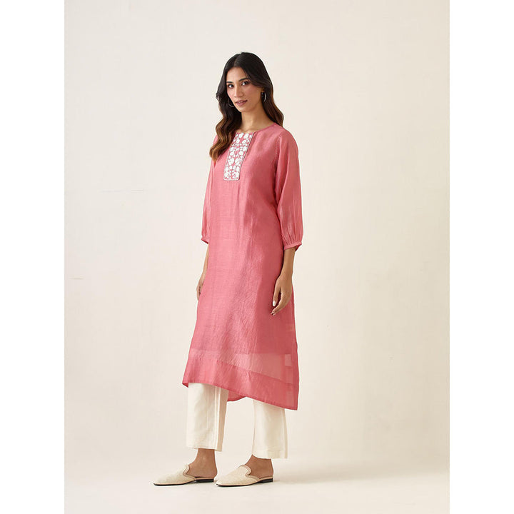 Vinusto Rose Pink Chanderi Kurta with Pant and Slip (Set of 3)