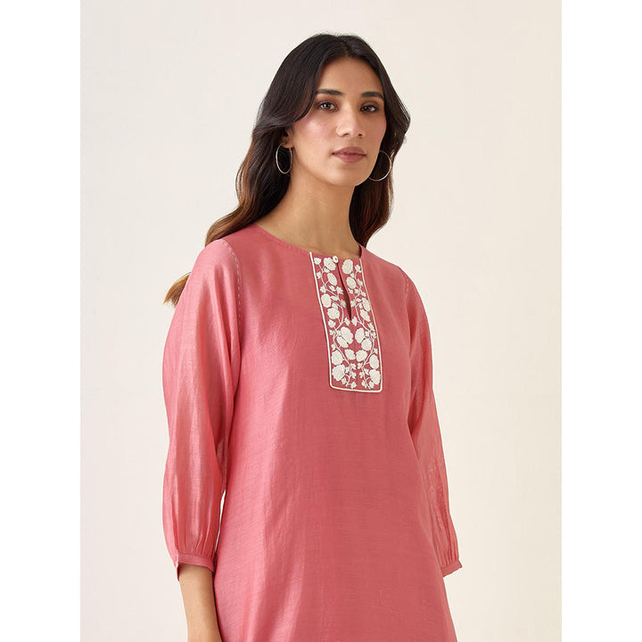 Vinusto Rose Pink Chanderi Kurta with Pant and Slip (Set of 3)